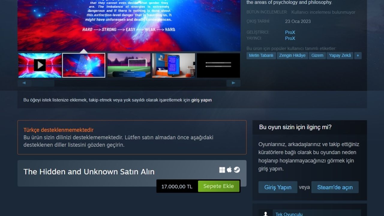 The Hidden and Unkown Steam sayfası