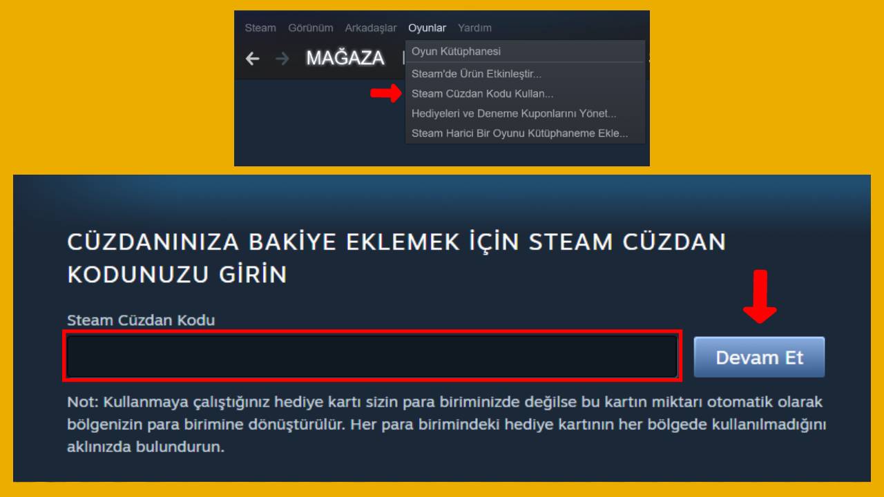 Steam programı üzerinden cüzdan kodu kullanma