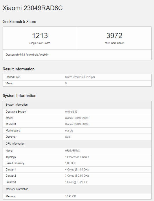Redmi Note 12 Turbo Geekbench score has been revealed