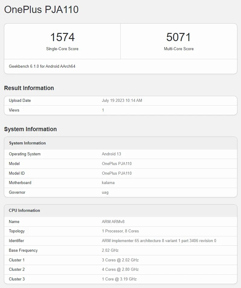 OnePlus Ace 2 Pro Geekbench puanı