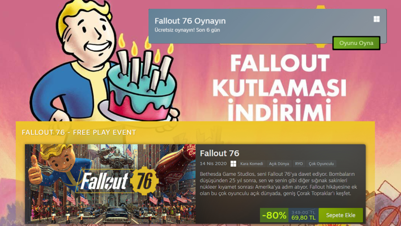 Steam'de Fallout 76 ücretsiz erişime açıldı!