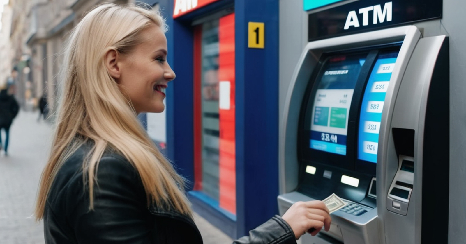 ATM banka sarışın kadın para çekme