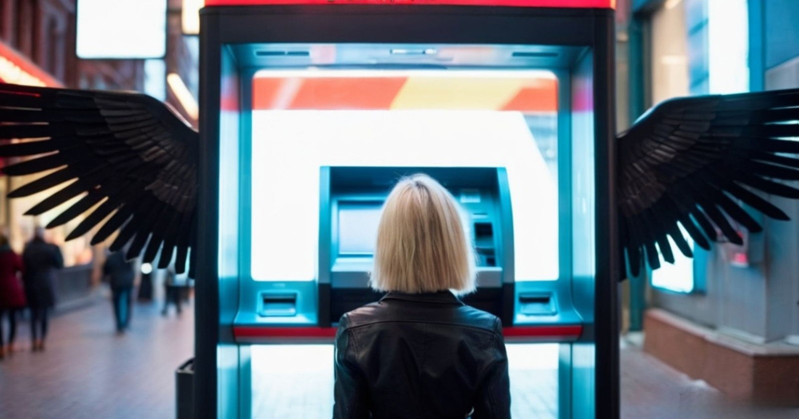 ATM para çekme banka sarışın kadın kanat sokak şehir