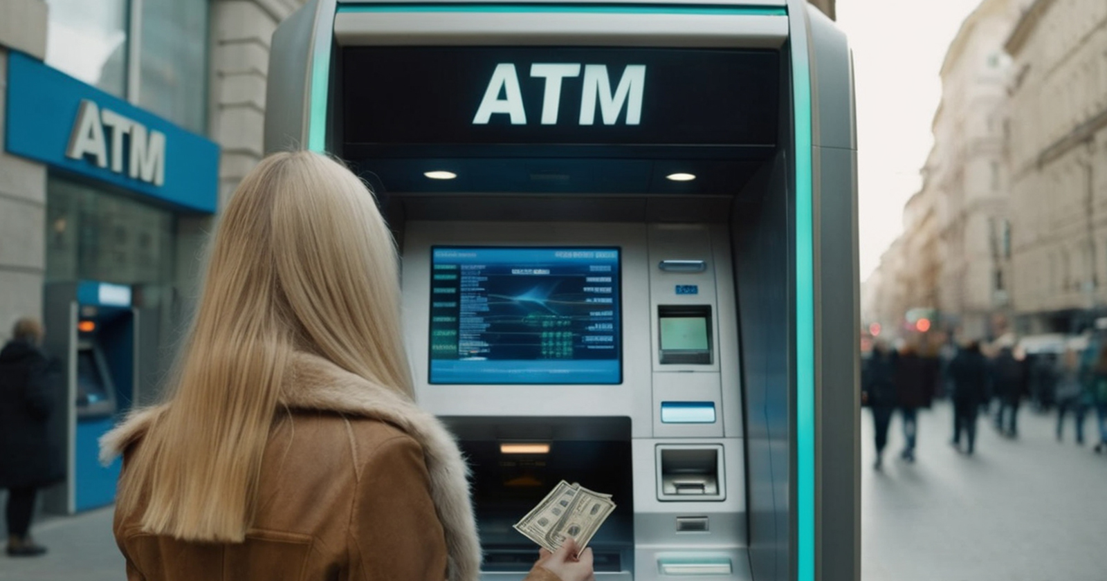 kanatlı ATM banka sarışın kadın para çekme