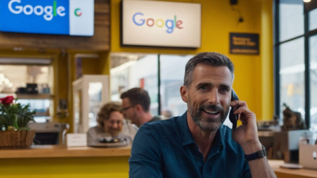 Google dükkanı adam telefonla konuşuyor
