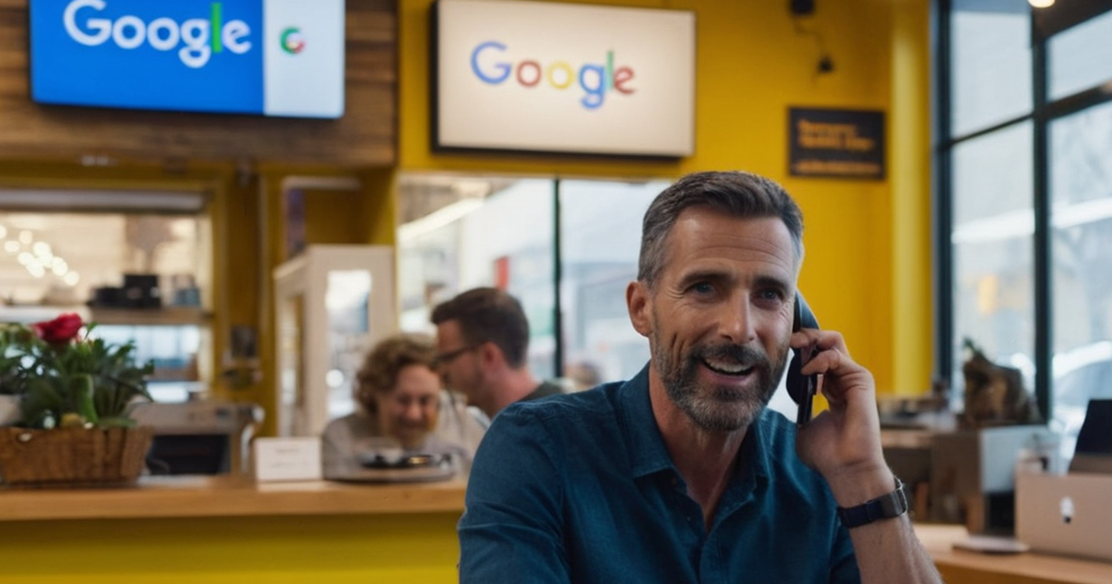Google dükkanı adam telefonla konuşuyor