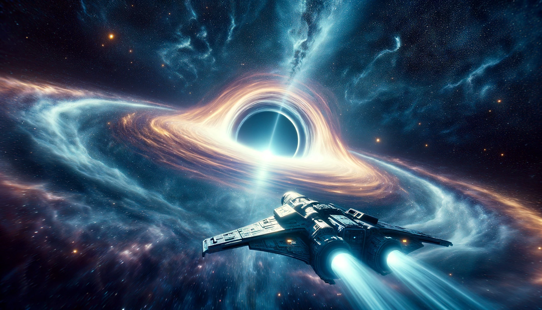 DALL·E 2024 03 03 01.38.56 A science fiction inspired image of a spaceship traveling through a wormhole in space similar to themes seen in Interstellar. The image shows a fut