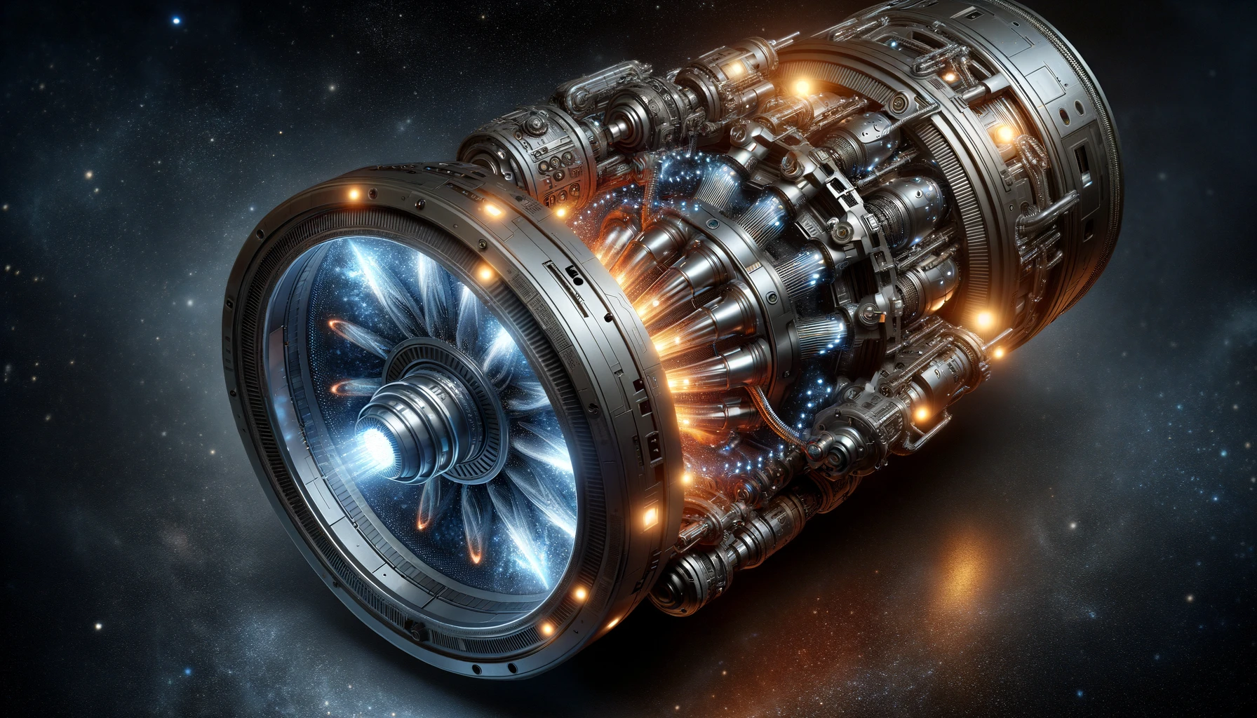 DALL·E 2024 03 03 03.35.23 A realistic image of an antimatter engine designed for interstellar spacecraft. The engine is highly advanced and futuristic featuring a sleek meta