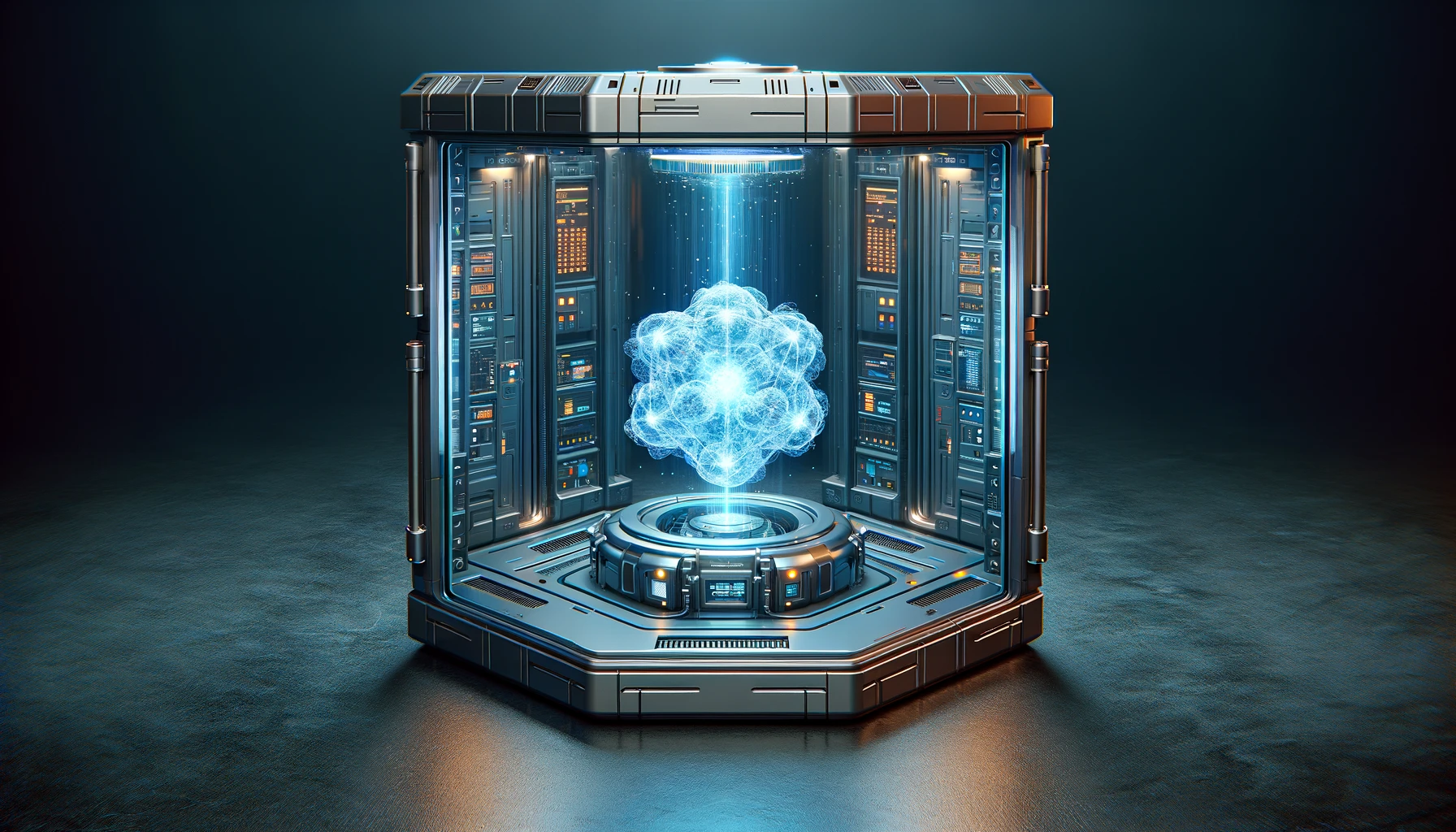 DALL·E 2024 03 03 03.38.29 A realistic image of one gram of antimatter contained in a secure high tech containment unit. The containment unit is futuristic with transparent wa