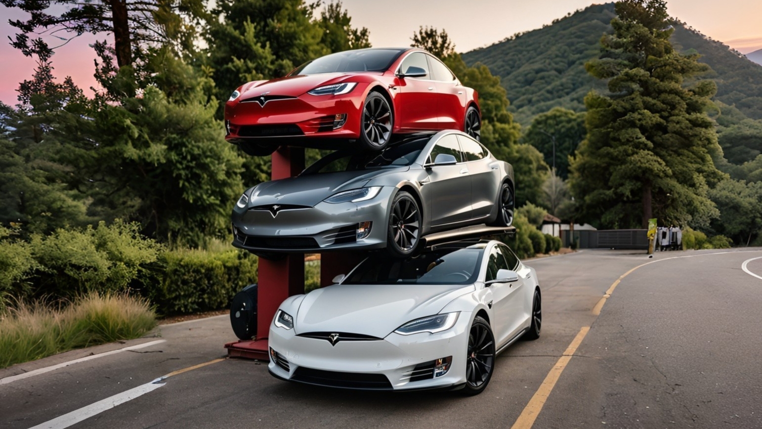 3 Tesla electric vehicles standing on top of each other on the road