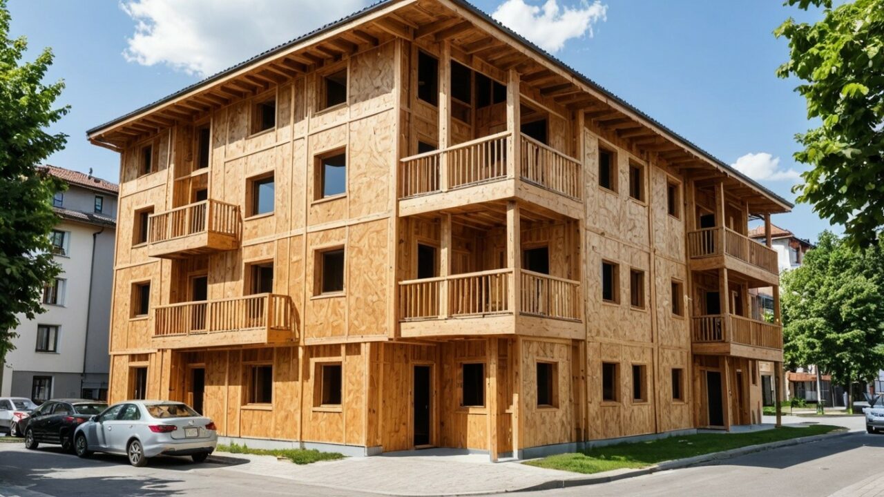 4-storey wooden building apartment street avenue city