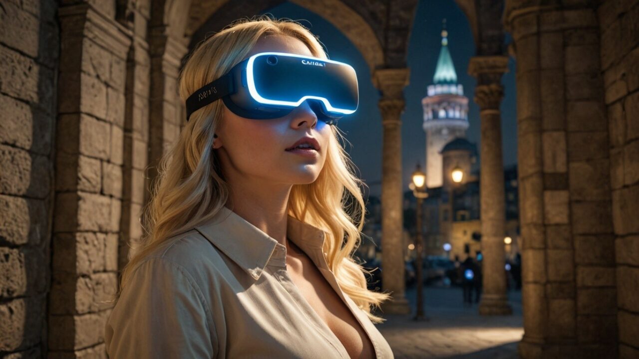 Woman using new generation VR glasses on the street