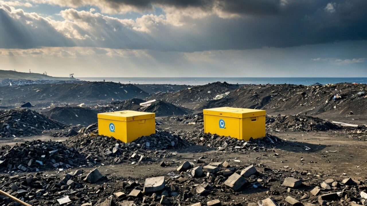 Yellow waste material bins in the dump