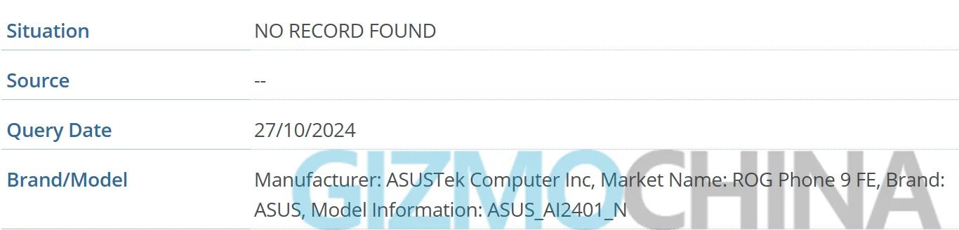 ASUS ROG Phone 9 FE IMEI veri tabanında göründü