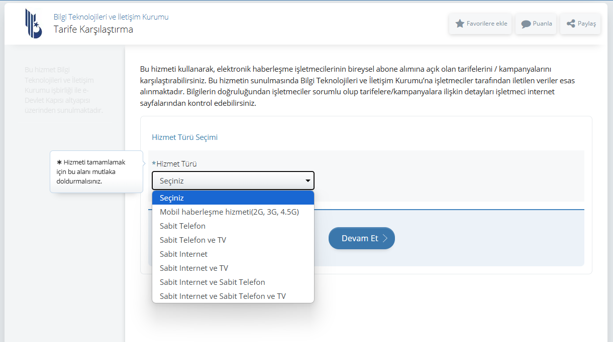 e-Devlet Tarife Karşılaştırma Sistemi