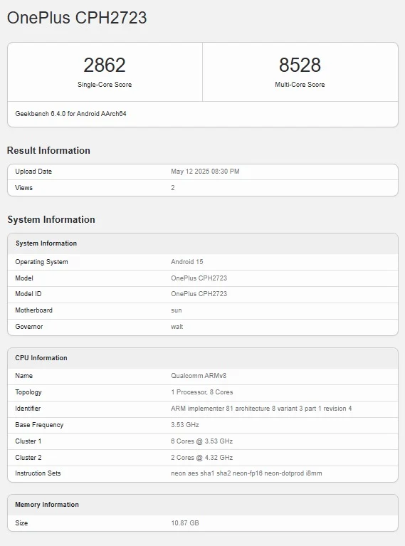 OnePlus 13s Geekbench skoru ortaya çıktı
