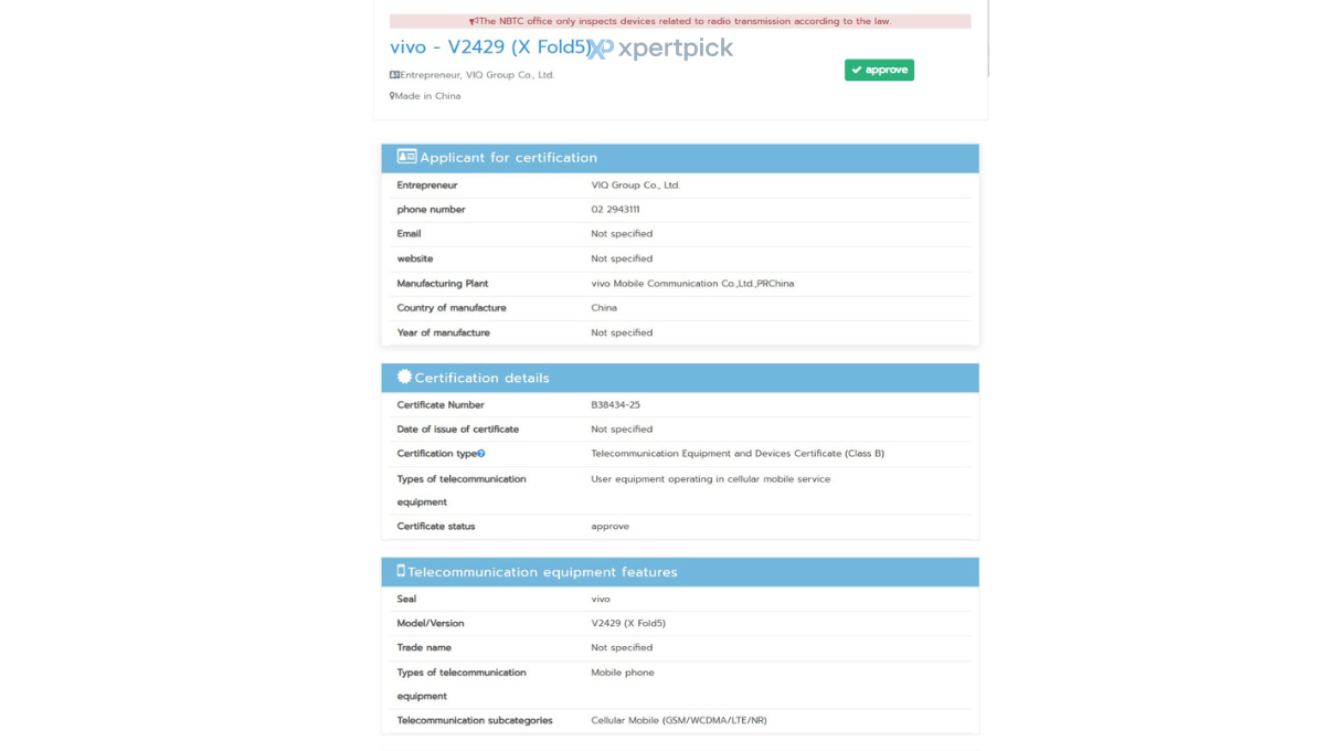 vivo X Fold 5, NBTC sertifikası aldı
