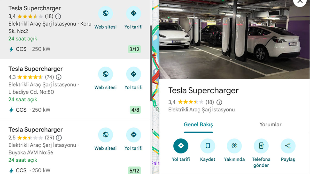 tesla supercharger google haritalar
