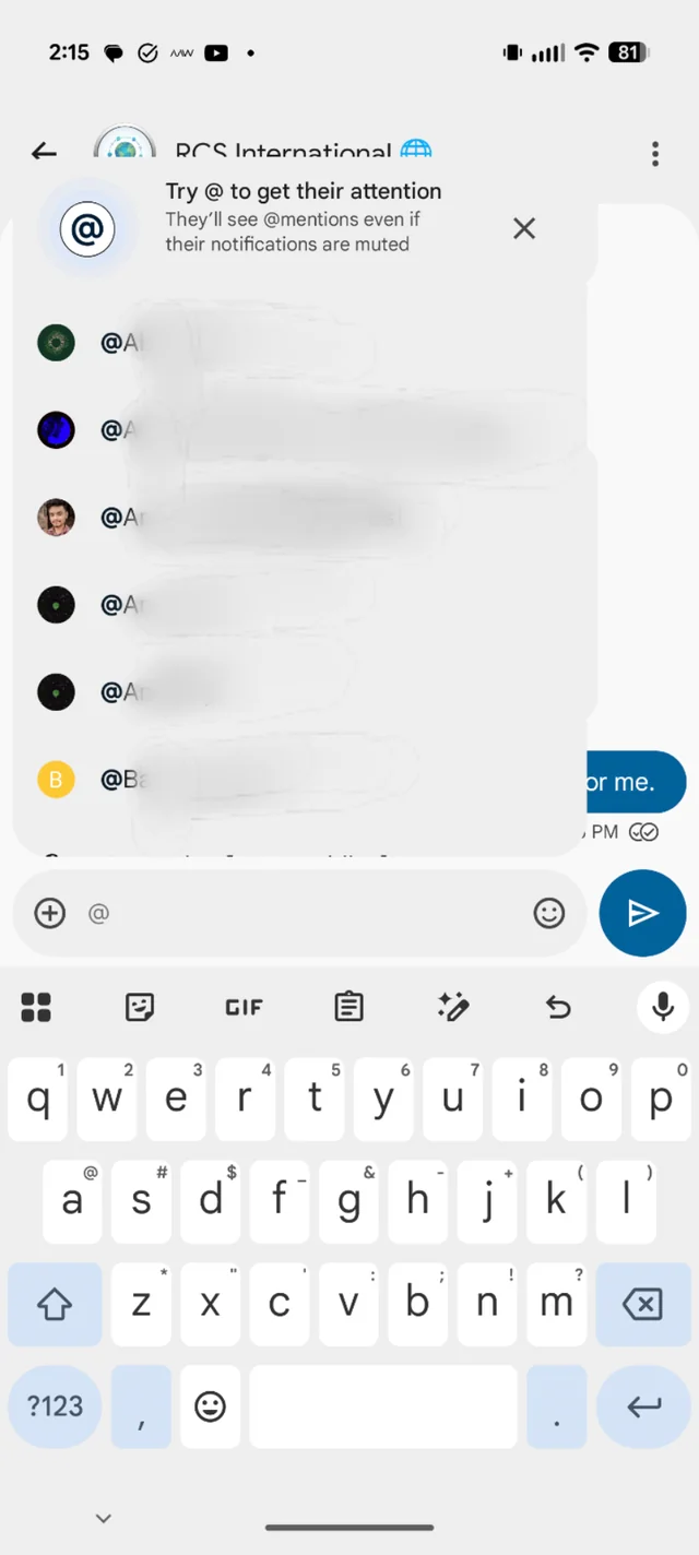 Google Mesajlar, RCS, bahsetme, etiketleme, grup sohbet