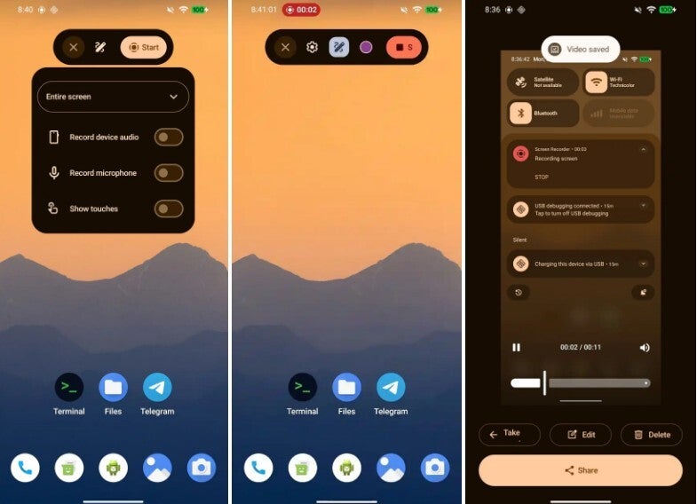 Android 17'nin yenilenen ekran kaydı aracı ekran görüntüleri.