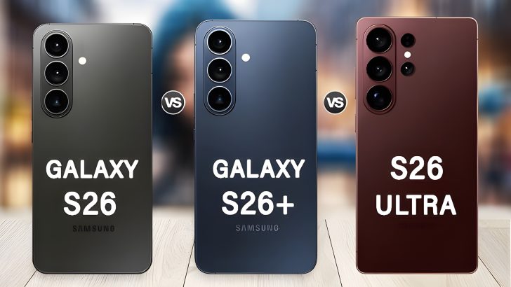 Samsung Galaxy S26, S26+ ve S26 Ultra akıllı telefonları yan yana gösteriliyor.
