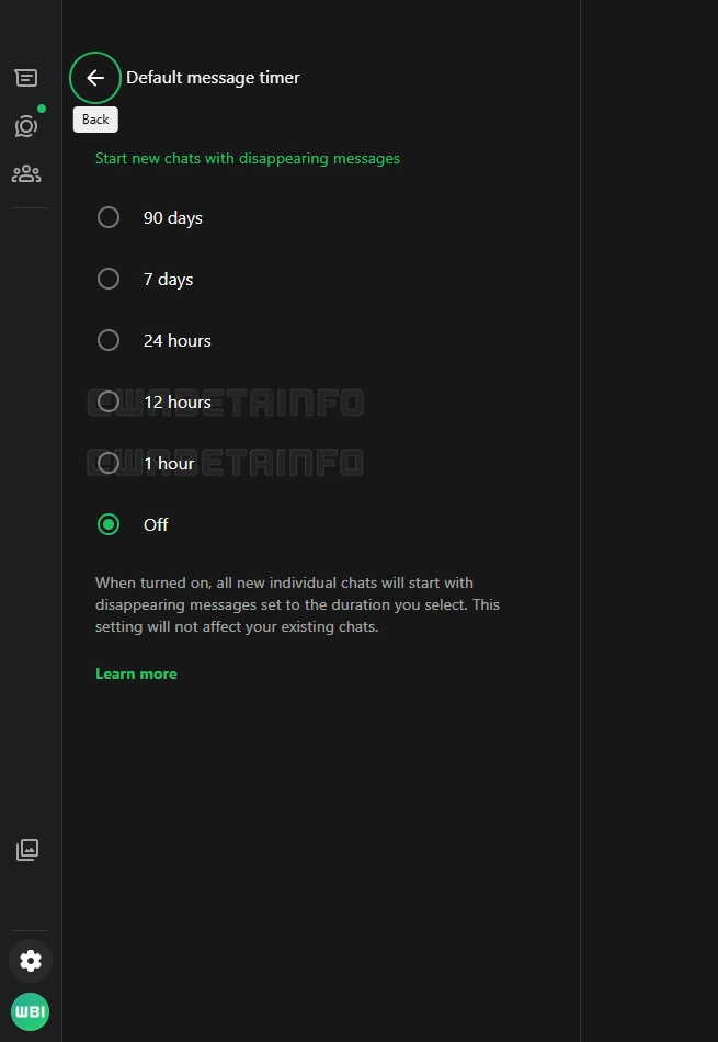 WhatsApp Web için geliştirilen yeni 1 saat ve 12 saatlik süreli mesaj zamanlayıcı seçeneklerini gösteren ekran görüntüsü.