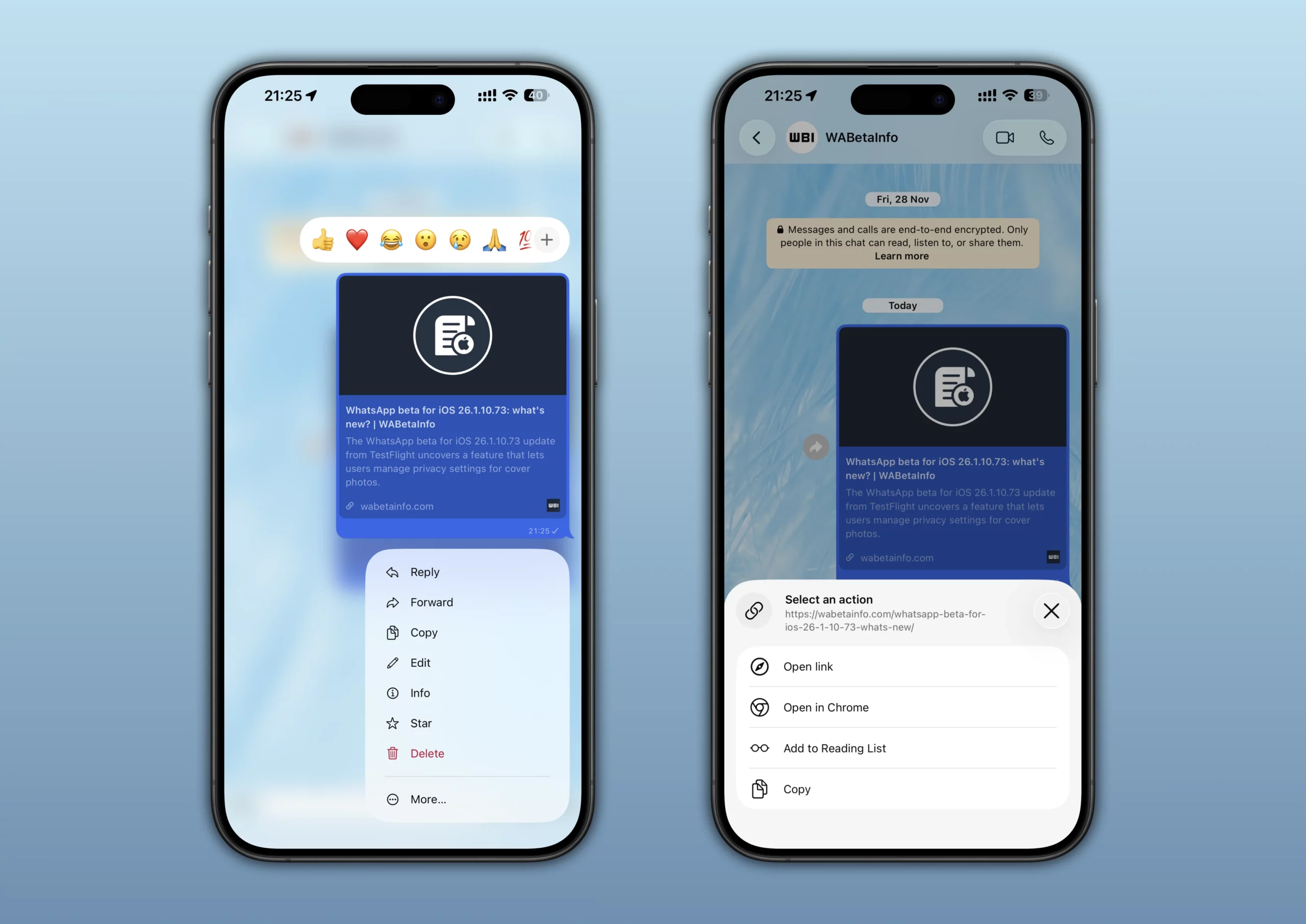 WhatsApp için iOS'ta sohbetlerde paylaşılan link önizlemelerini daha net hale getiren bir özelliği gösteren ekran görüntüsü