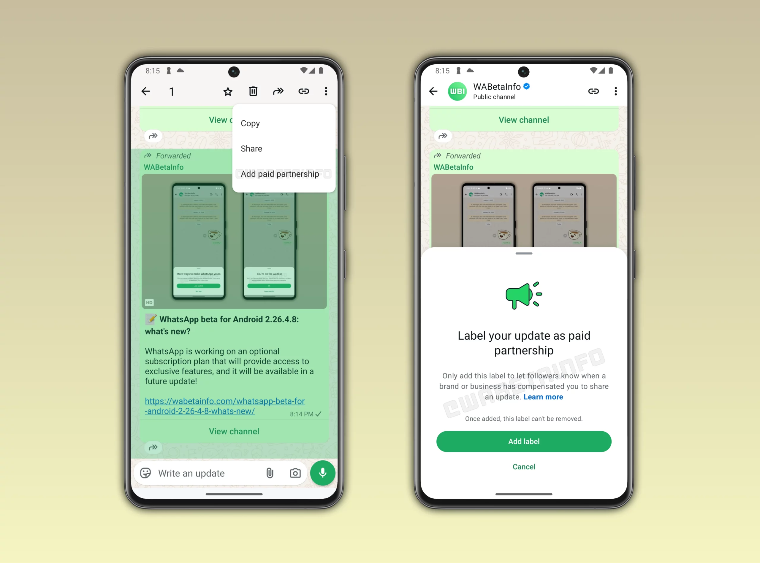 WhatsApp Kanallar için ücretli ortaklık etiketleme özelliği