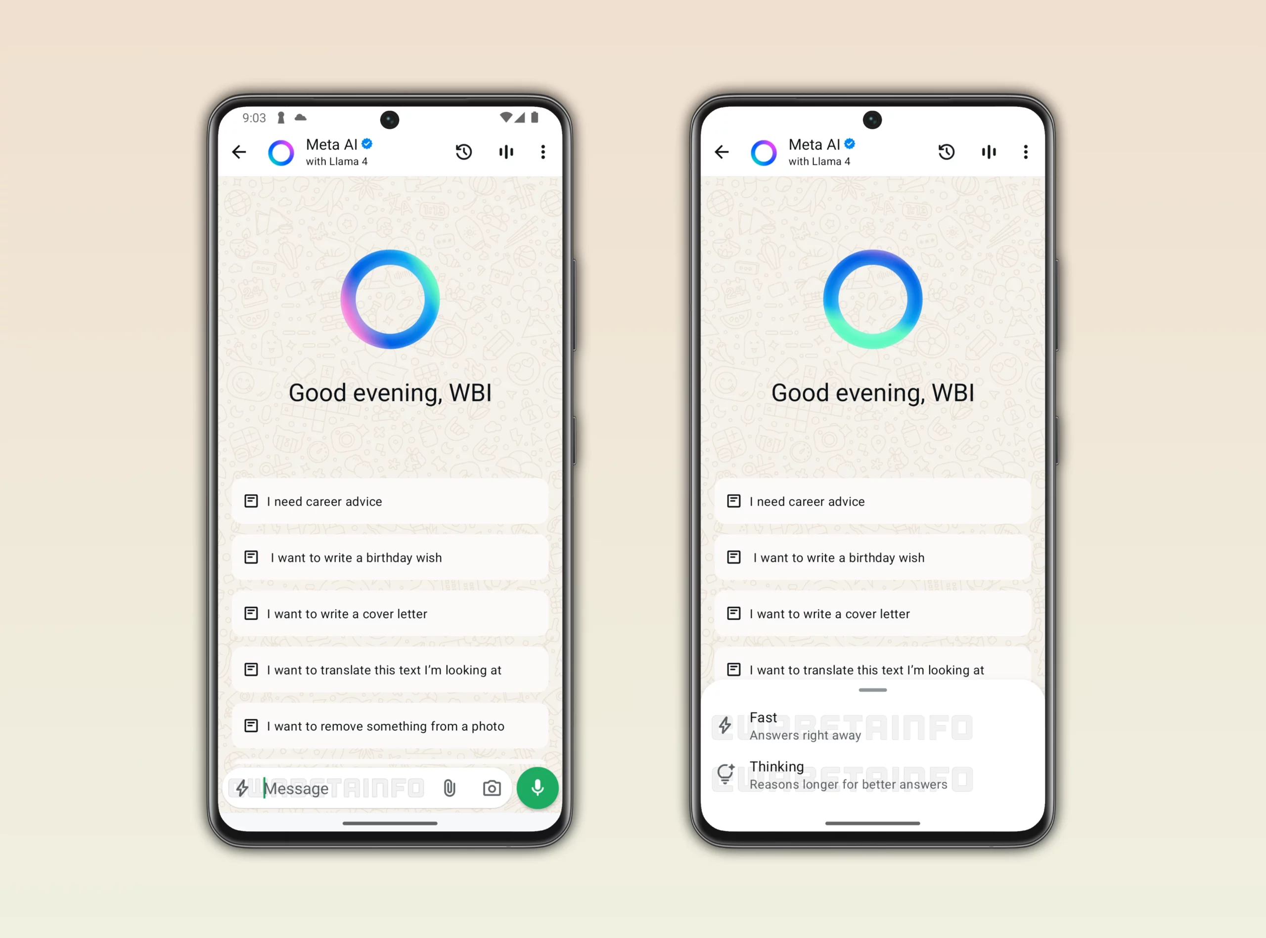 WhatsApp beta Android sürümünde Meta AI için düşünme modunun nasıl etkinleştirileceğini gösteren ekran görüntüsü