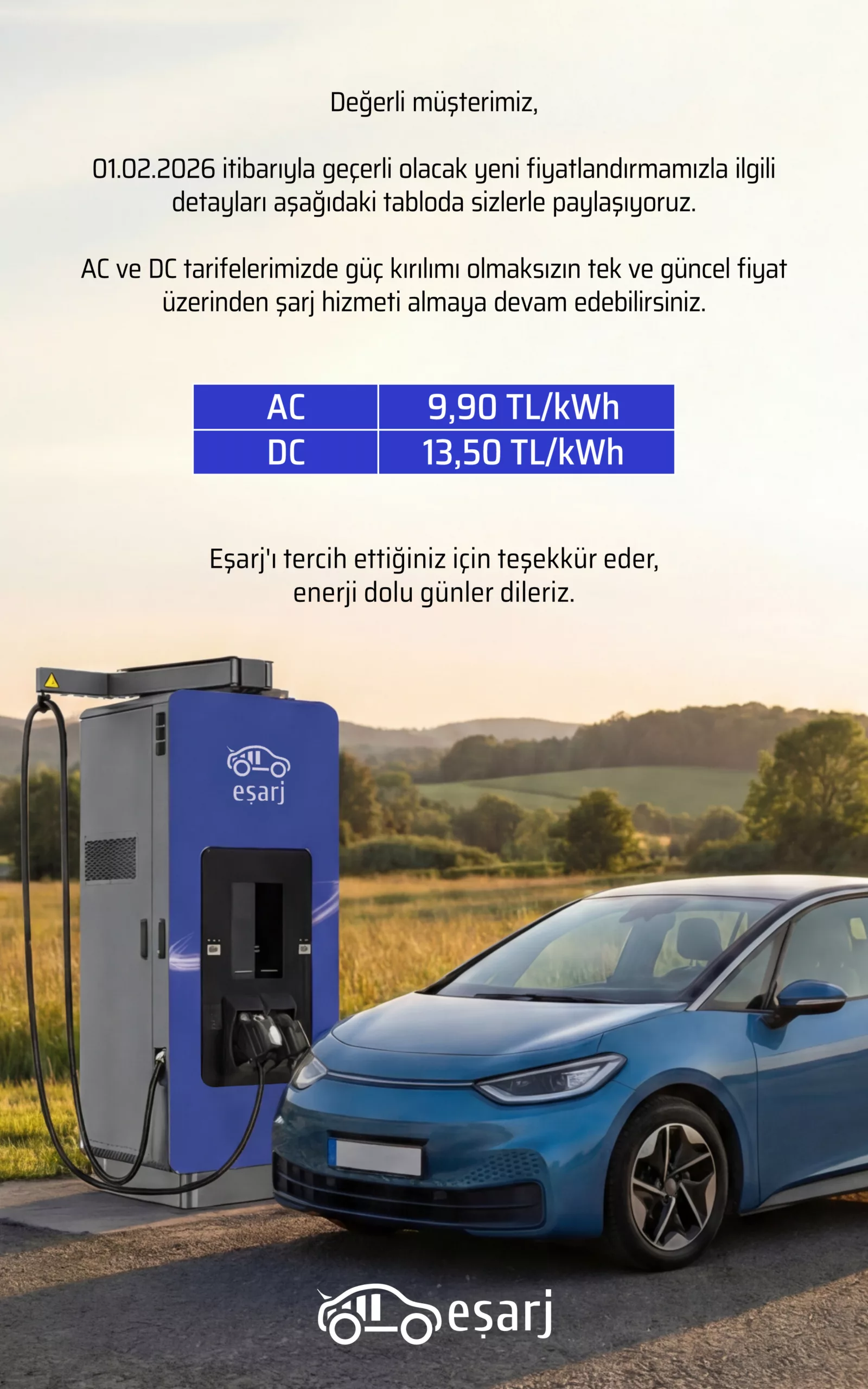 Eşarj, elektrikli araç şarj fiyatları, Eşarj fiyat listesi 2026, elektrikli otomobil, şarj istasyonu, AC şarj ücreti, DC şarj ücreti, Eşarj yeni tarife