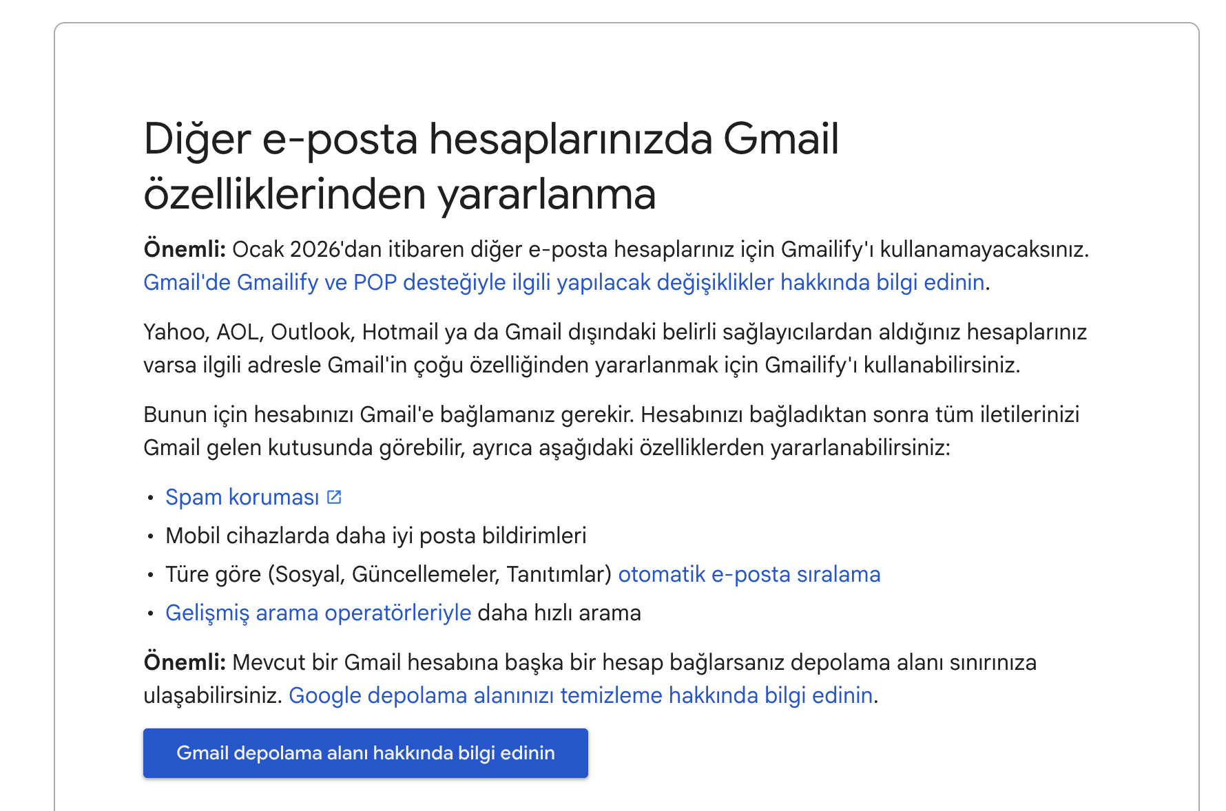 Gmail, Gmailify, POP desteği, Google, e-posta senkronizasyonu, Gmail güncellemesi, IMAP, üçüncü taraf hesaplar