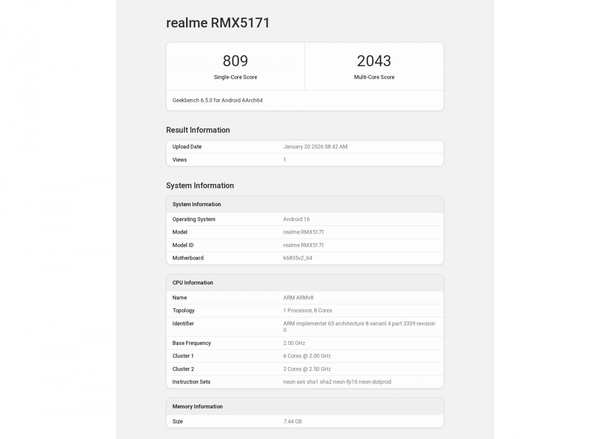 Realme 16 Geekbench performans testi sonucu