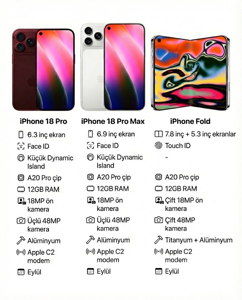 iPhone 18 Pro, iPhone Fold, Jeff Pu, A20 Pro çip, Apple sızıntı, katlanabilir iPhone, 12GB RAM, Apple C2 modem