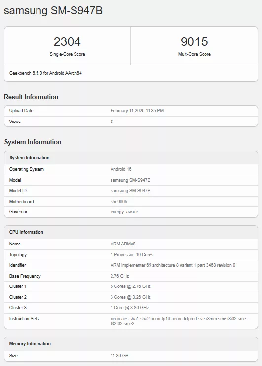 Samsung Galaxy S26 Plus Geekbench listesi