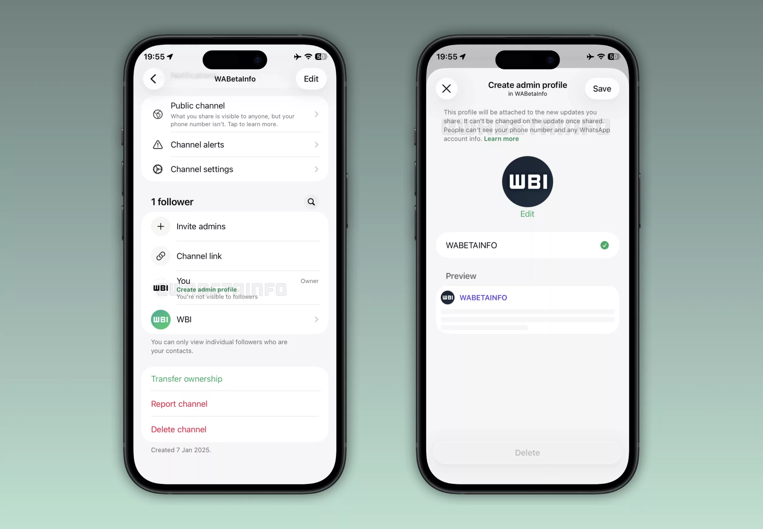 WhatsApp iOS beta sürümünde kanal yöneticisi profili oluşturma özelliği ekran görüntüsü
