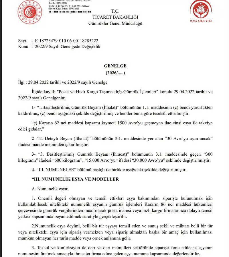 Gümrük düzenlemesi, MODEL muafiyet kodu, yurtdışı alışveriş limiti, 30 Avro sınırı, Ar-Ge gümrük muafiyeti, Basitleştirilmiş Gümrük Beyannamesi, mikro ihracat, gümrük genelgesi 2026