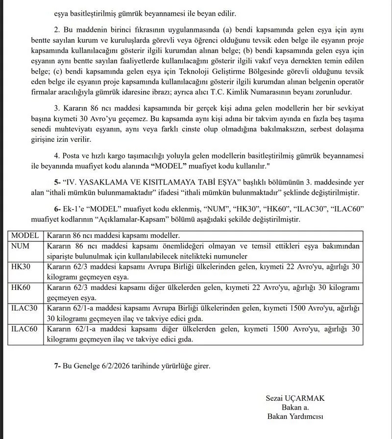 Gümrük düzenlemesi, MODEL muafiyet kodu, yurtdışı alışveriş limiti, 30 Avro sınırı, Ar-Ge gümrük muafiyeti, Basitleştirilmiş Gümrük Beyannamesi, mikro ihracat, gümrük genelgesi 2026
