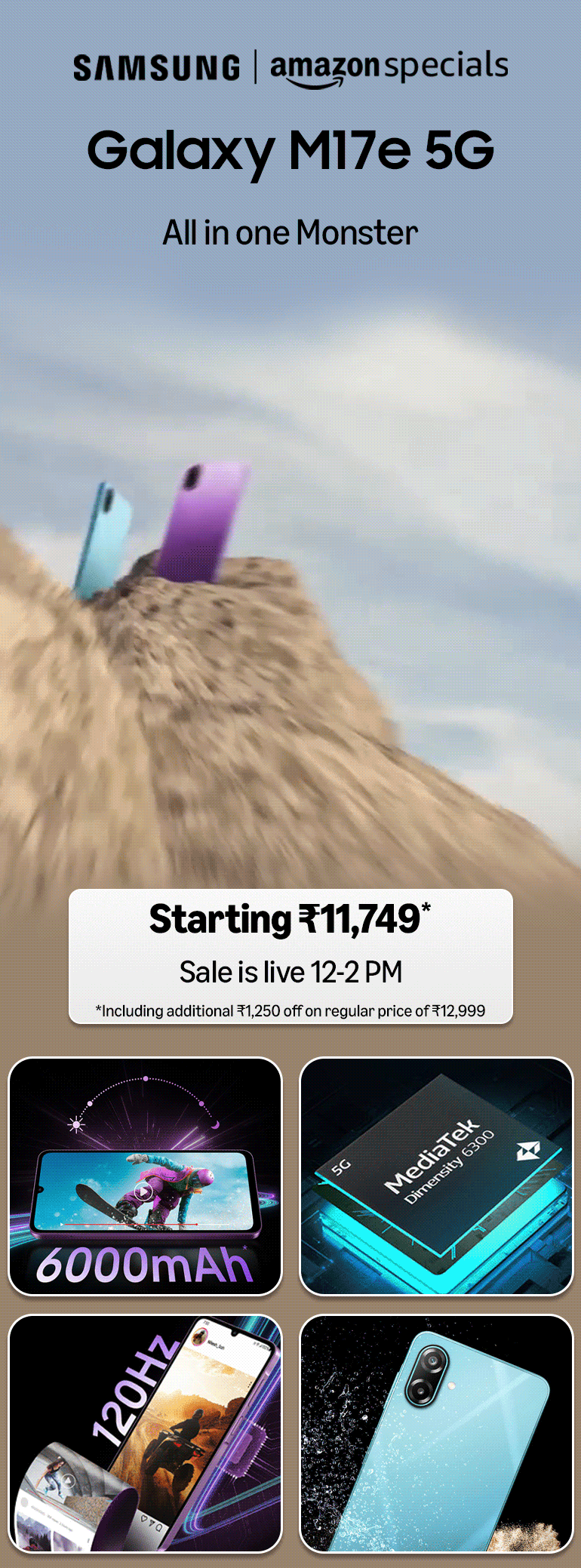 Samsung, Galaxy M17e 5G, akıllı telefon, Hindistan, Amazon, MediaTek Dimensity 6300, Android 16, bütçe dostu telefon
