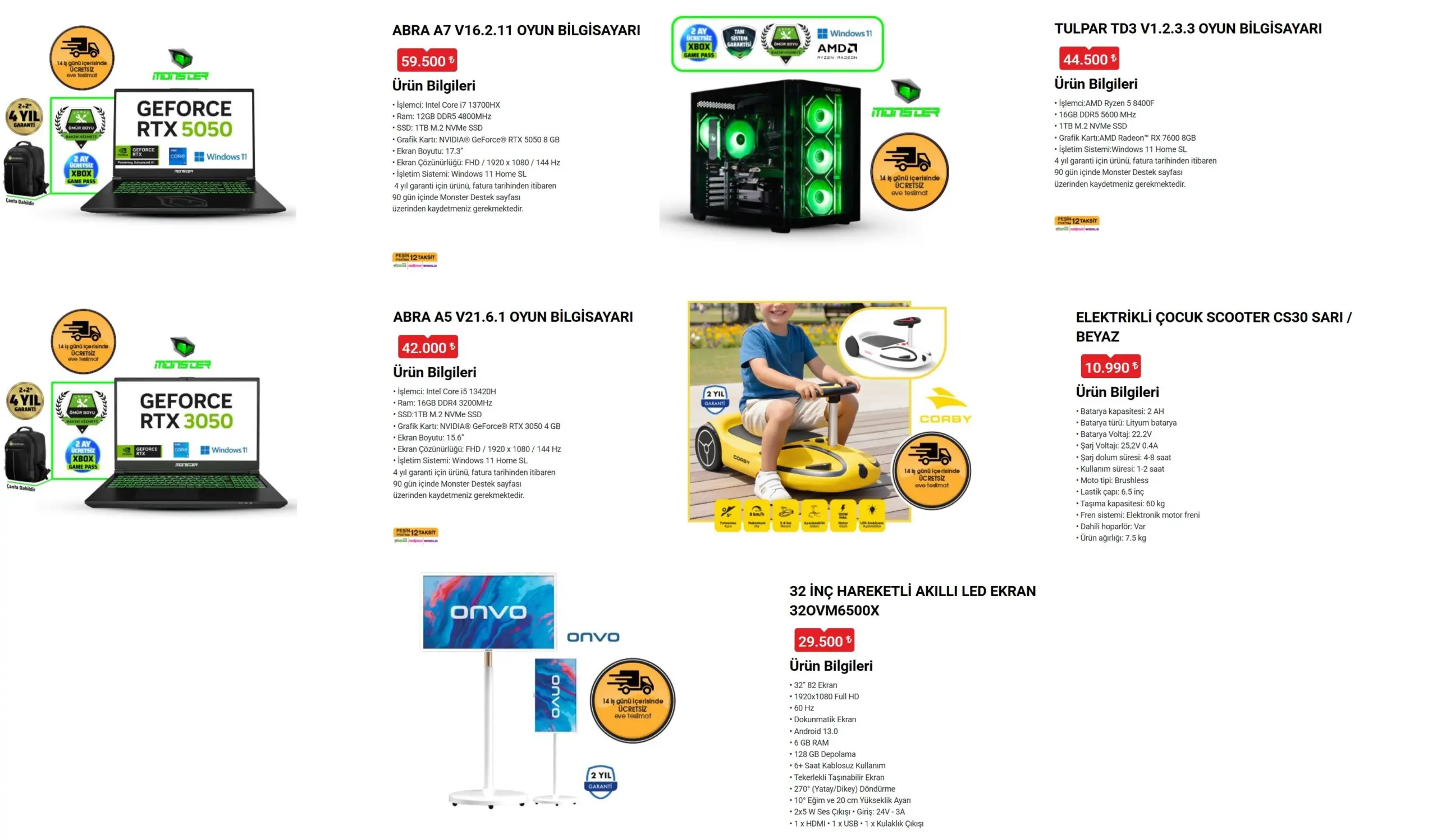 BİM aktüel, Monster oyuncu bilgisayarı, GeForce RTX 5050, Onvo akıllı ekran, BİM teknoloji ürünleri, Monster Abra, Tulpar kasa, BİM 15 Nisan