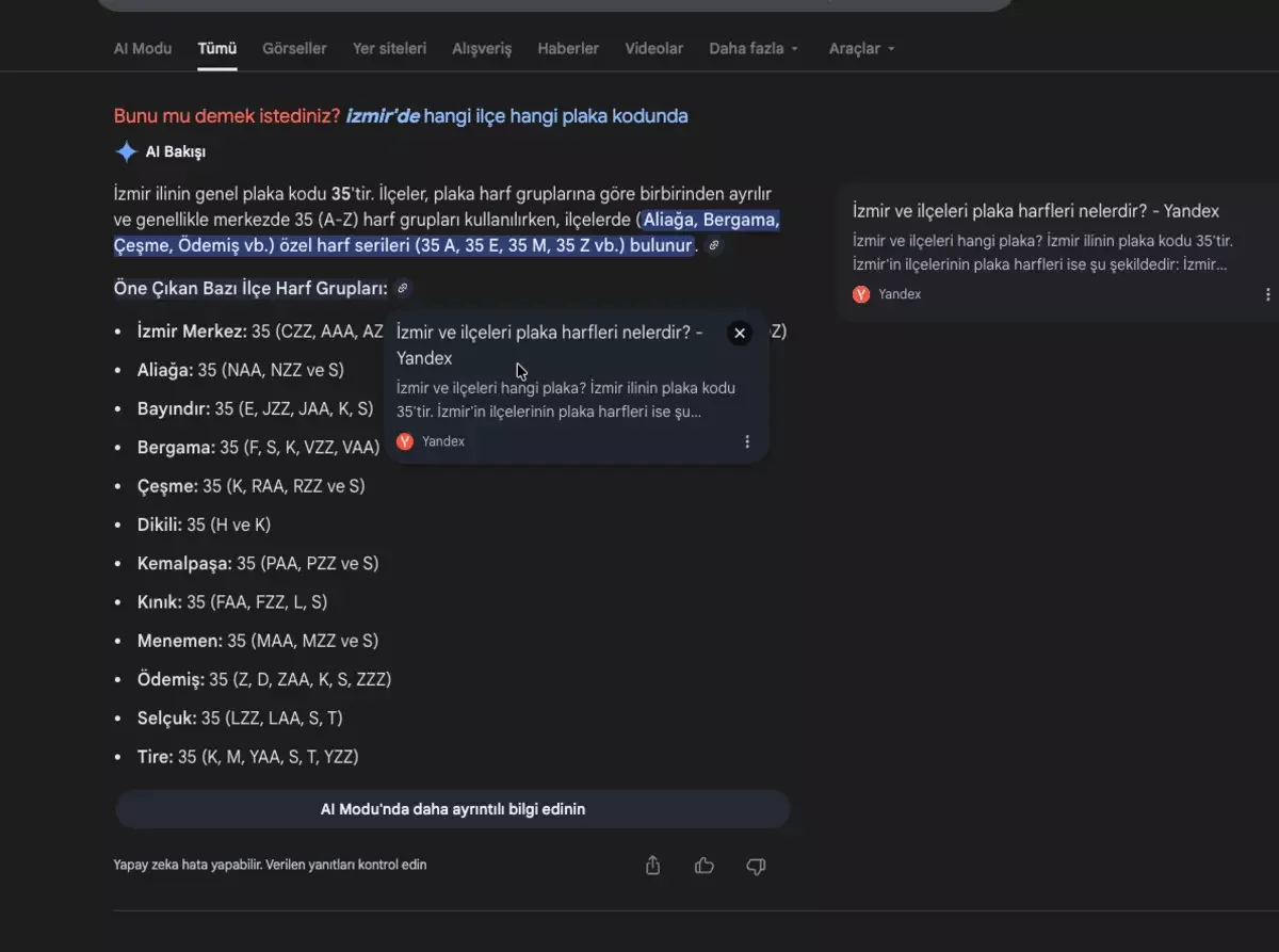 Google, Yandex, AI Bakış, YaCevap, yapay zeka