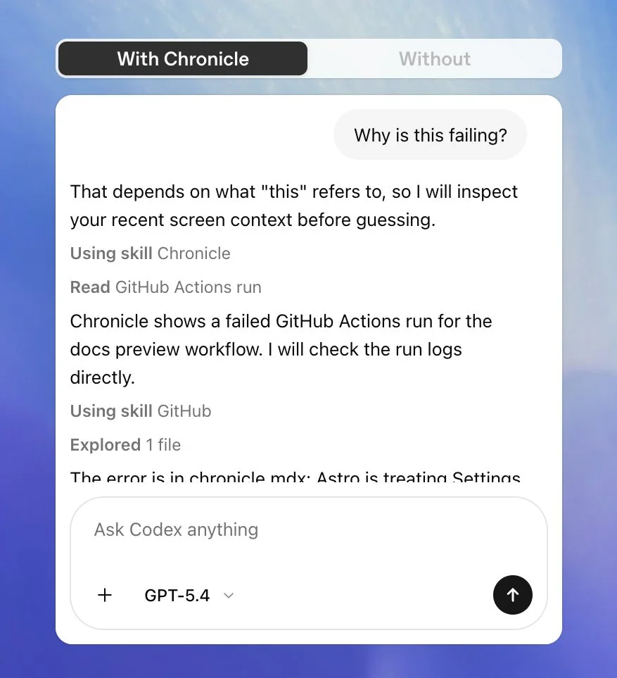 OpenAI, Codex, Chronicle, Mac uygulaması, ekran görüntüsü