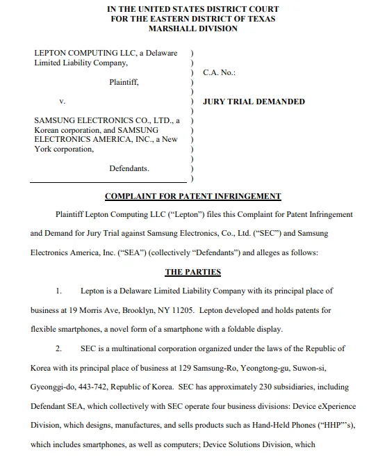 Samsung, katlanabilir telefon, patent davası, Lepton Computing, teknoloji haberleri