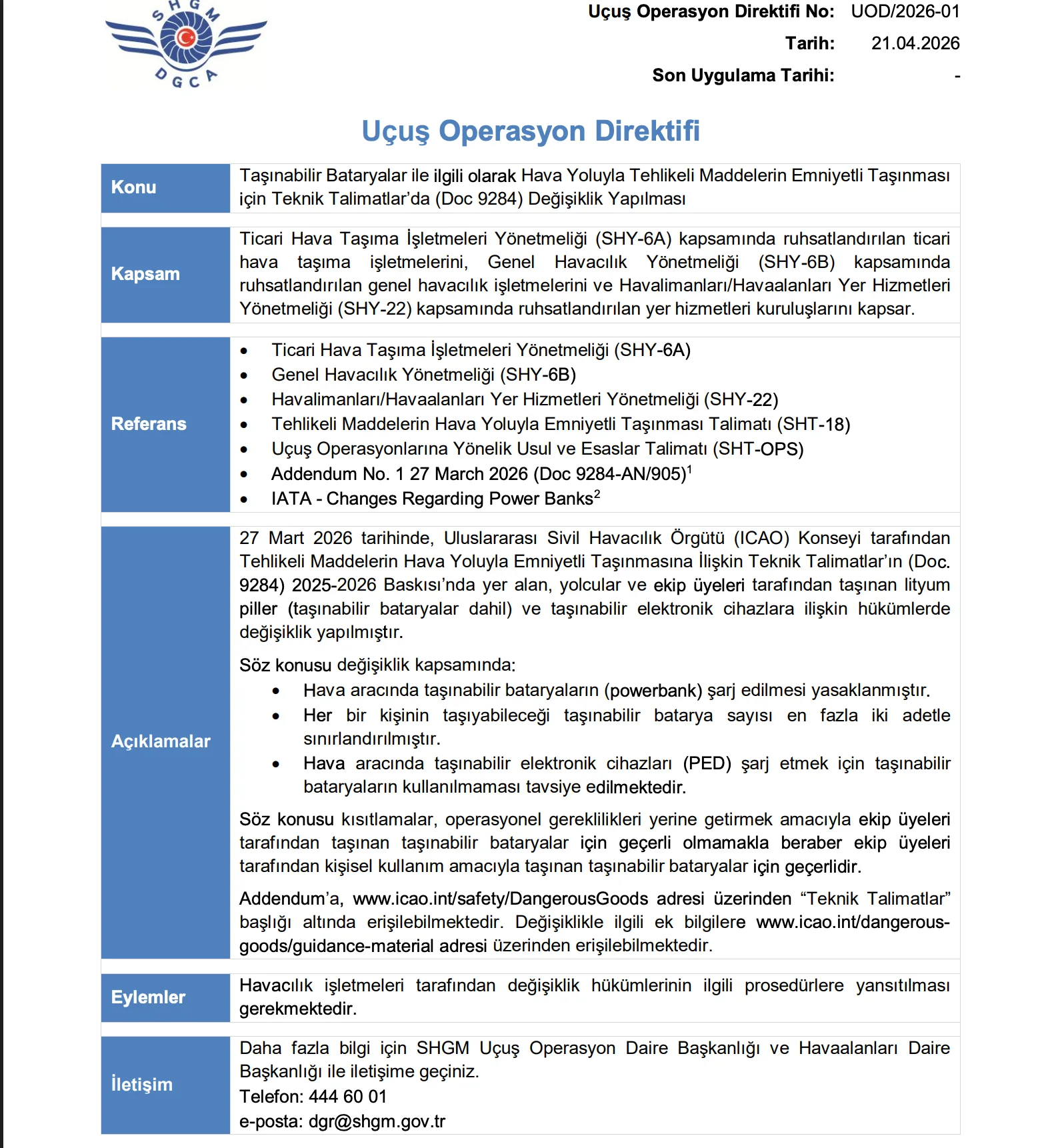 SHGM, powerbank, uçuş güvenliği, ICAO, havacılık