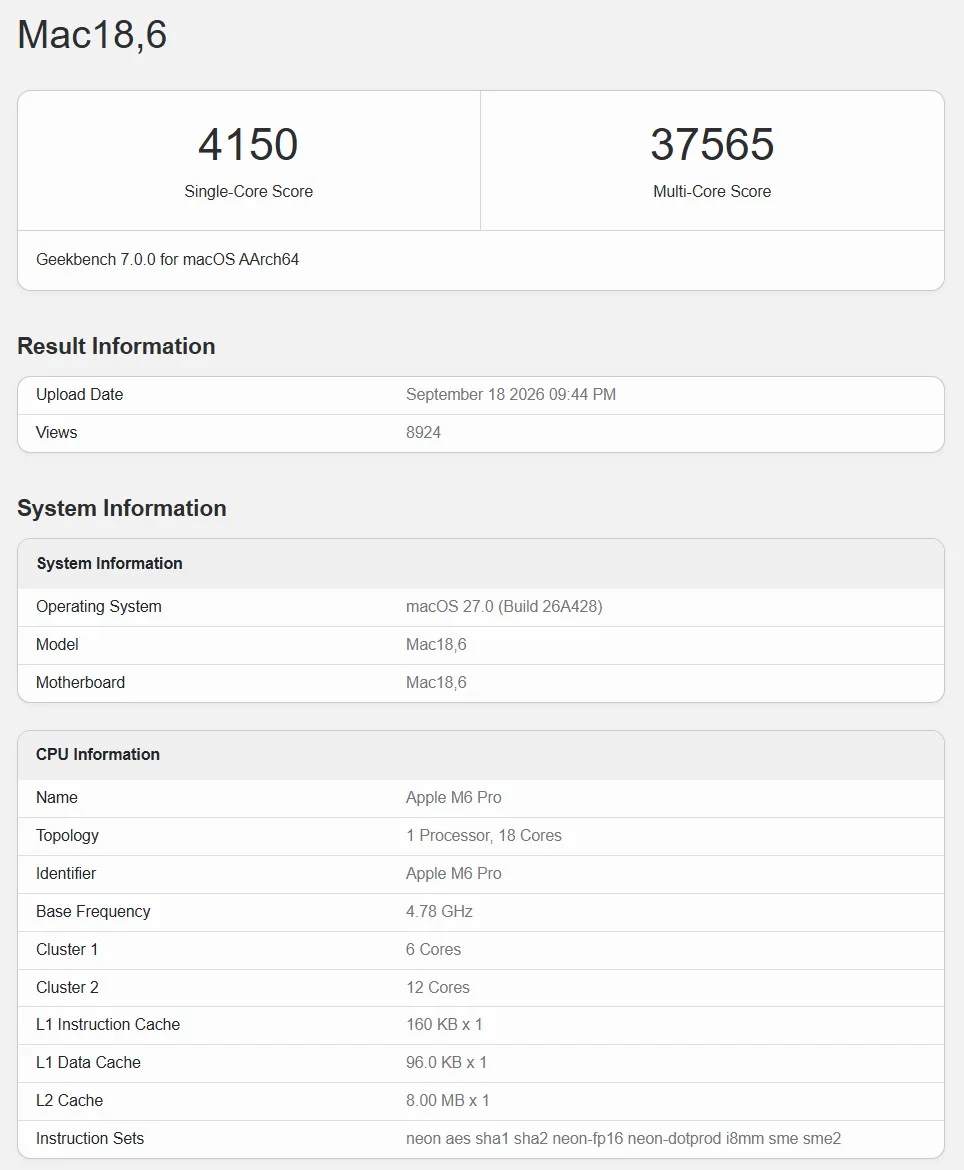 Apple M6 Pro Test Sonuçları Şüphe Uyandırdı — Apple M6 Pro Geekbench sahte mi, Geekbench 7 işlemci testleri, Apple M6 serisi sızıntıları, M5 Max ve M6 Pro karşılaştırması, Geekbench kurucusu John Poole