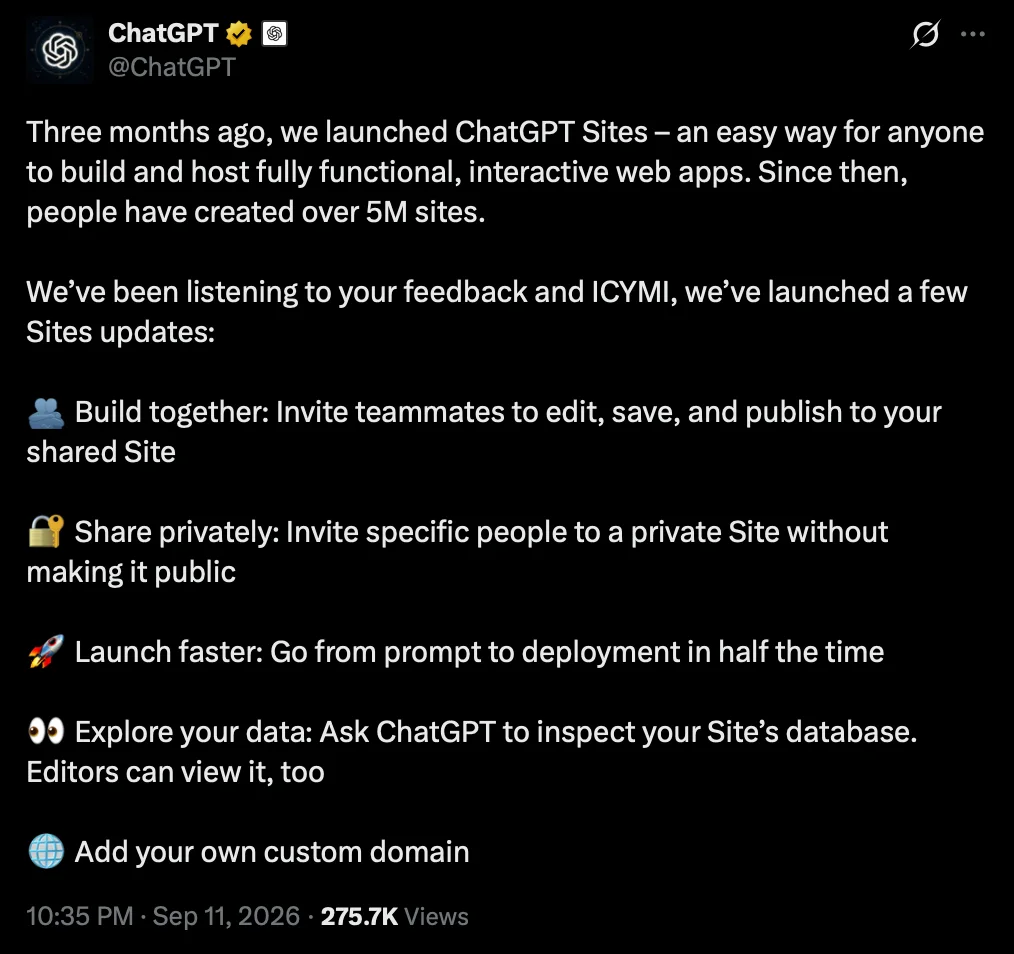 ChatGPT ile Site Oluşturmak Kolaylaşıyor — ChatGPT Sites, Build Together özelliği, web sitesi oluşturma, OpenAI güncellemeleri, özel alan adı desteği
