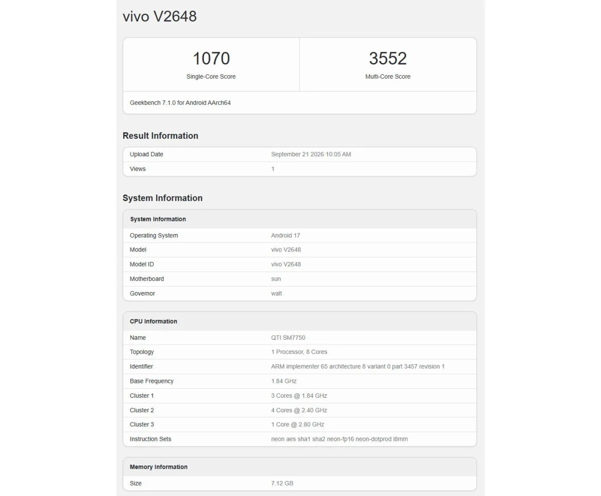 Vivo V80 Performans Testinde Görüntülendi: İşte Özellikleri — vivo V80 özellikleri, vivo V80 Geekbench testi, Snapdragon 7 Gen 4, OriginOS 7 yenilikleri, vivo V80 batarya kapasitesi
