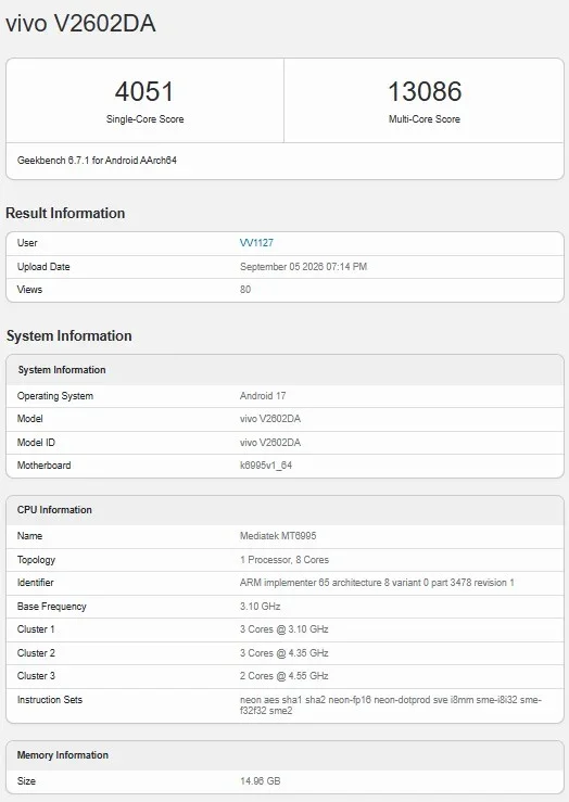 Vivo X500 Pro Max Teknik Özellikleri Belli Oldu: İşte Performans Sonuçları — Vivo X500 Pro Max Geekbench puanı, Dimensity 9600 işlemci performansı, Vivo X500 serisi çıkış tarihi, Vivo X500 Pro Max kamera detayları, OriginOS 7 özellikleri