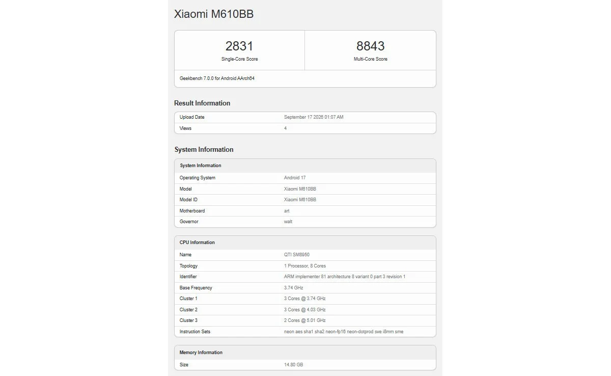 Xiaomi 18 Pro Max'in Teknik Özellikleri Belli Oldu — Xiaomi 18 Pro Max özellikleri, Xiaomi 18 serisi, Snapdragon 8 Elite Gen 6 Pro, HyperOS 4, Geekbench 7 sonuçları