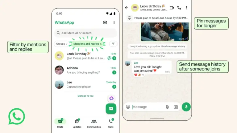WhatsApp grup sohbetleri için gelen yeni özellikleri gösteren Android ve iOS ekranları