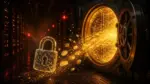 Binance hacklendi mi sorusunu temsil eden, sunucu odasında açık dijital kasadan akan kripto paralar ve çatlamış asma kilit